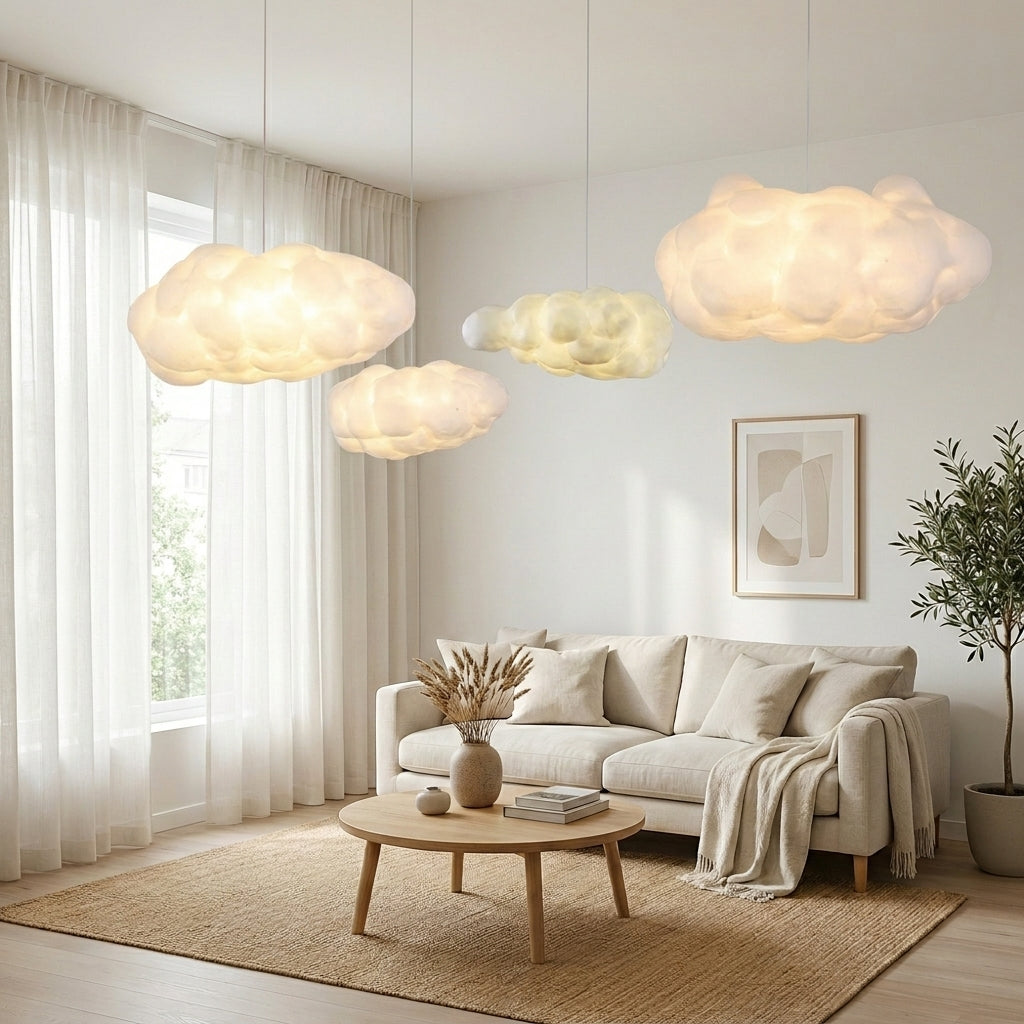Cloud-Shaped Pendant Light In Synthetic Cotton With Warm LED Glow