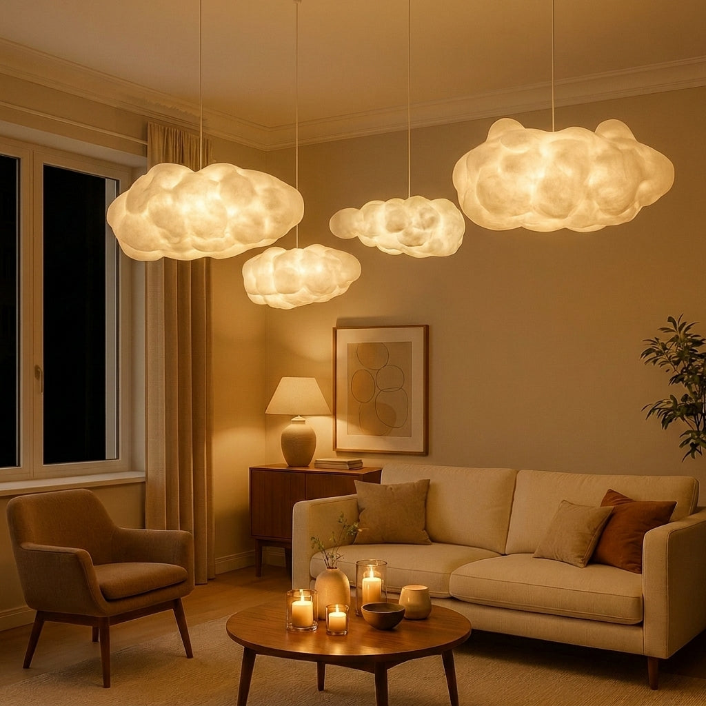Cloud-Shaped Pendant Light In Synthetic Cotton With Warm LED Glow