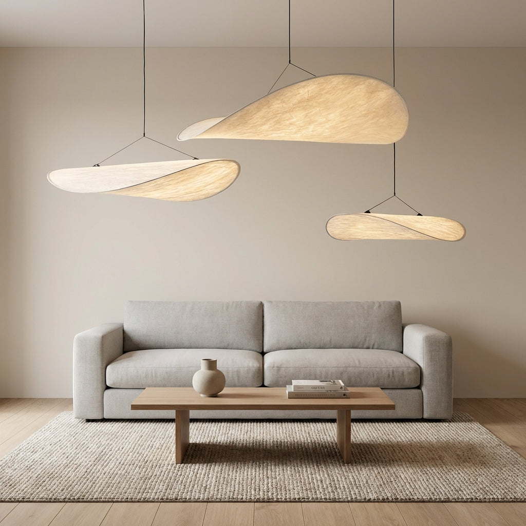 Organic Leaf Pendant Lamp In Synthetic Silk, Japandi Style