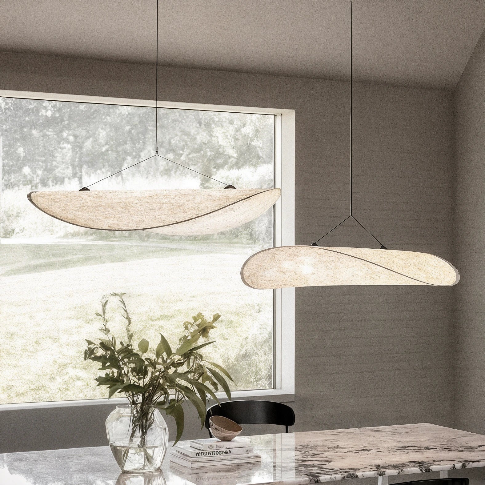 Organic Leaf Pendant Lamp In Synthetic Silk, Japandi Style