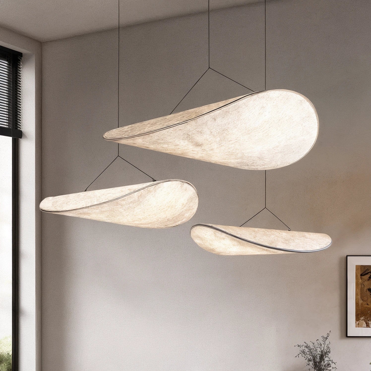 Organic Leaf Pendant Lamp In Synthetic Silk, Japandi Style