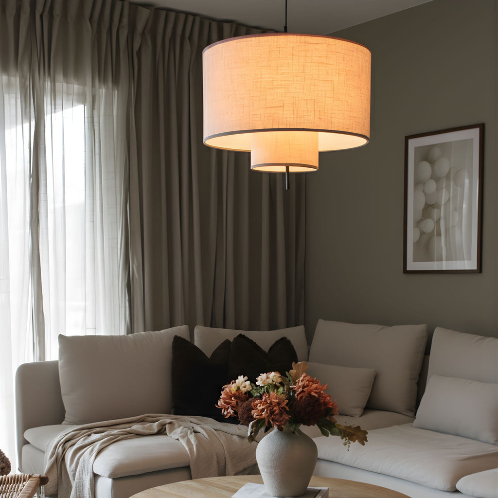 Textile Pendant Lamp With Double Cylinder Shade Classic Natural Tone