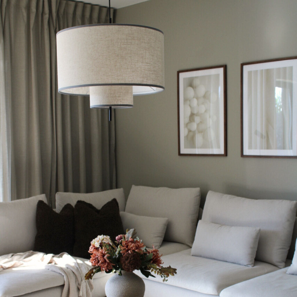 Textile Pendant Lamp With Double Cylinder Shade Classic Natural Tone