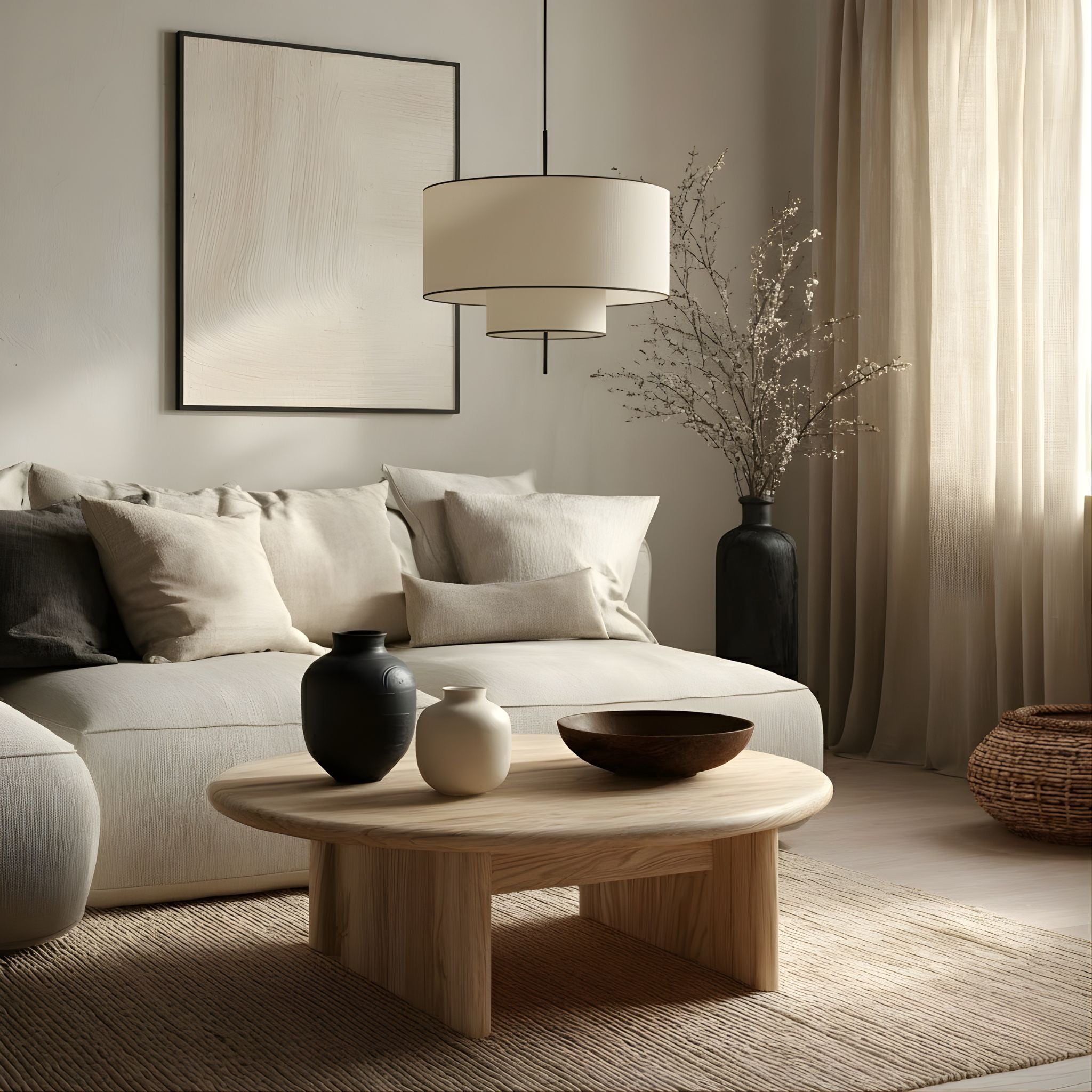 Textile Pendant Lamp With Double Cylinder Shade Classic Natural Tone