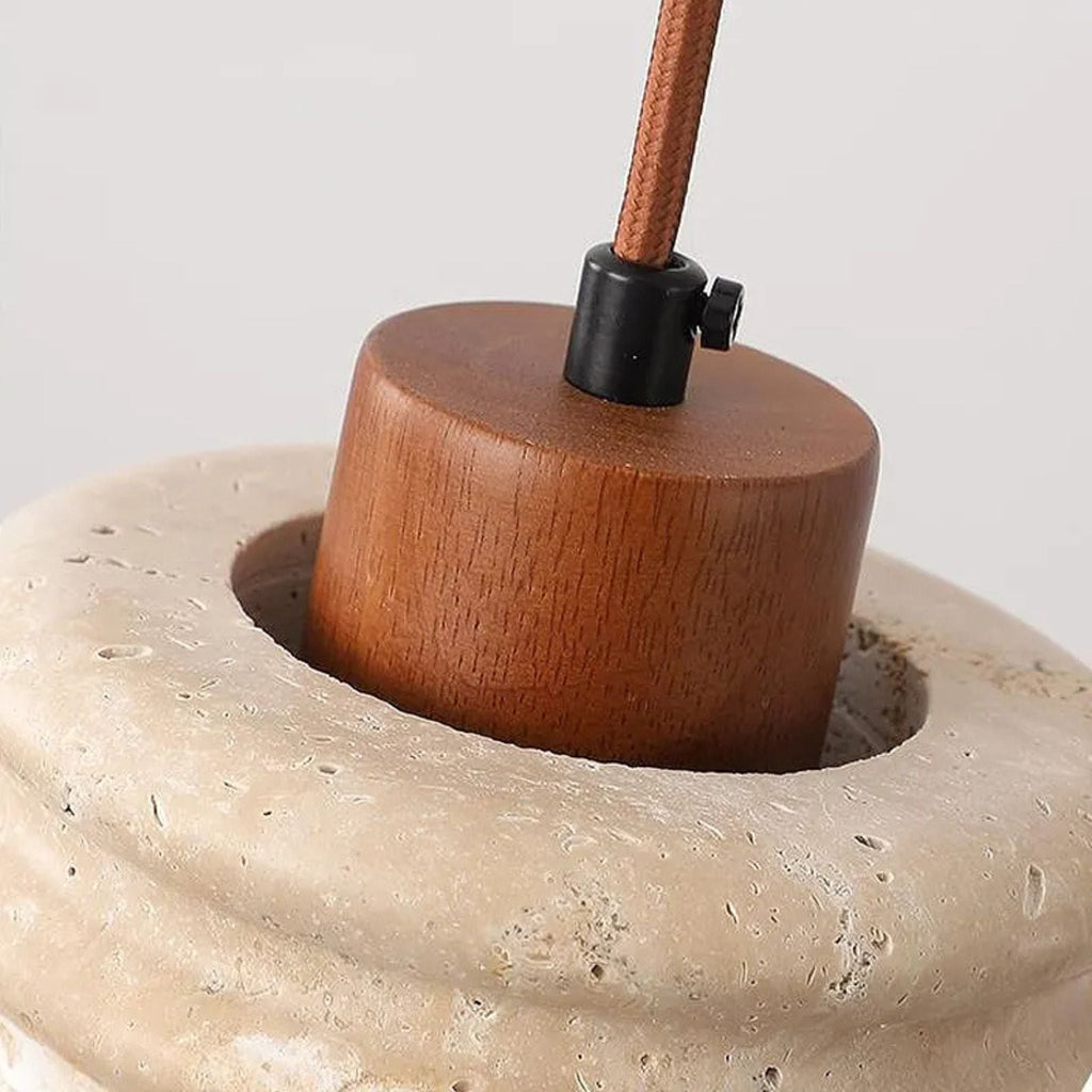 Travertine Pendant Light With Ribbed Stone Texture Wabi-Sabi Style