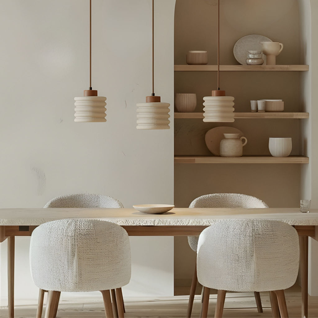 Travertine Pendant Light With Ribbed Stone Texture Wabi-Sabi Style