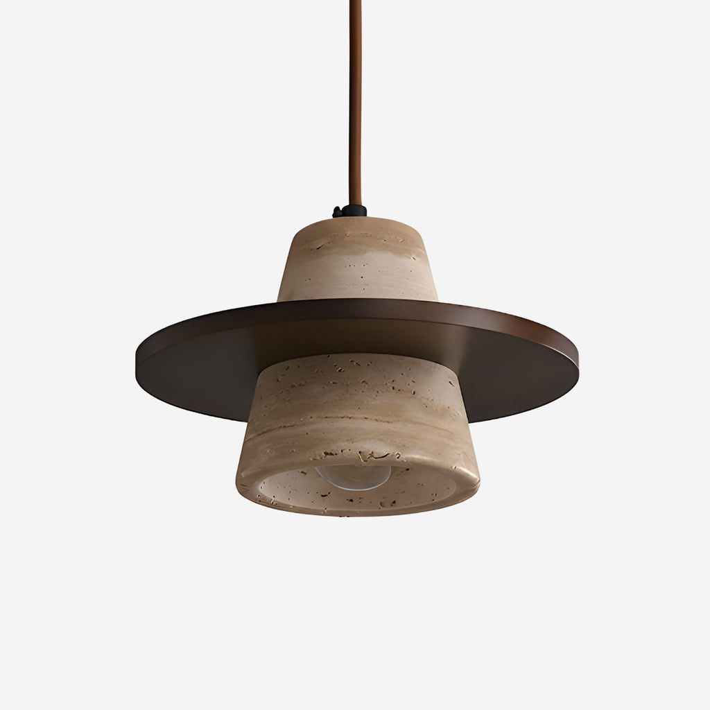 Pendant Light In Travertine And Wood With Wide Shade Wabi Sabi Design