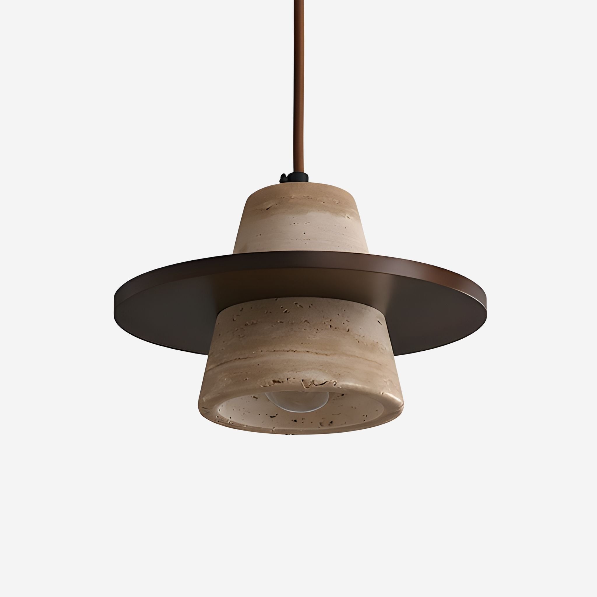 Pendant Light In Travertine And Wood With Wide Shade Wabi Sabi Design