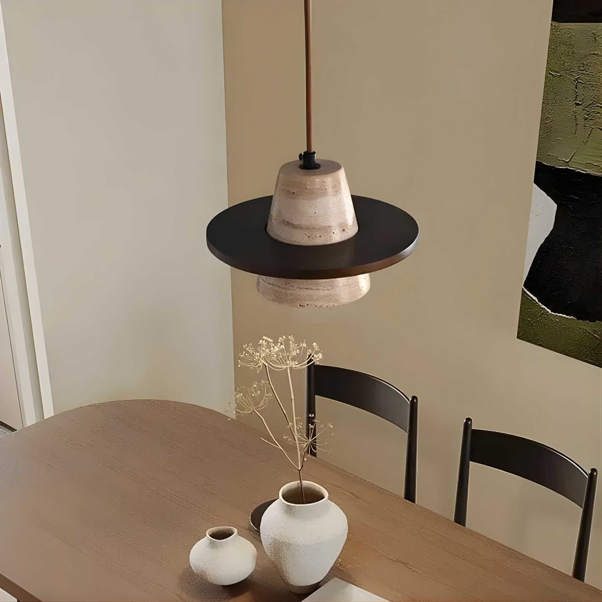 Pendant Light In Travertine And Wood With Wide Shade Wabi Sabi Design