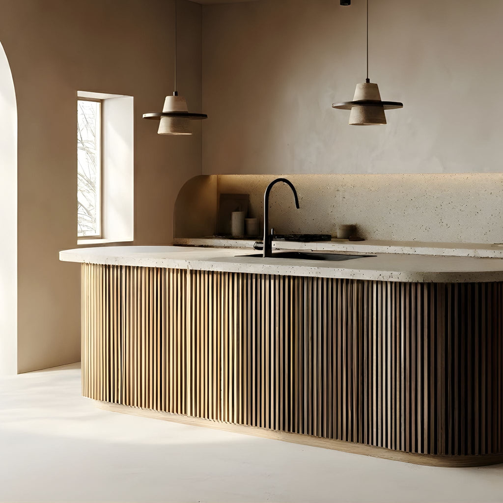 Pendant Light In Travertine And Wood With Wide Shade Wabi Sabi Design