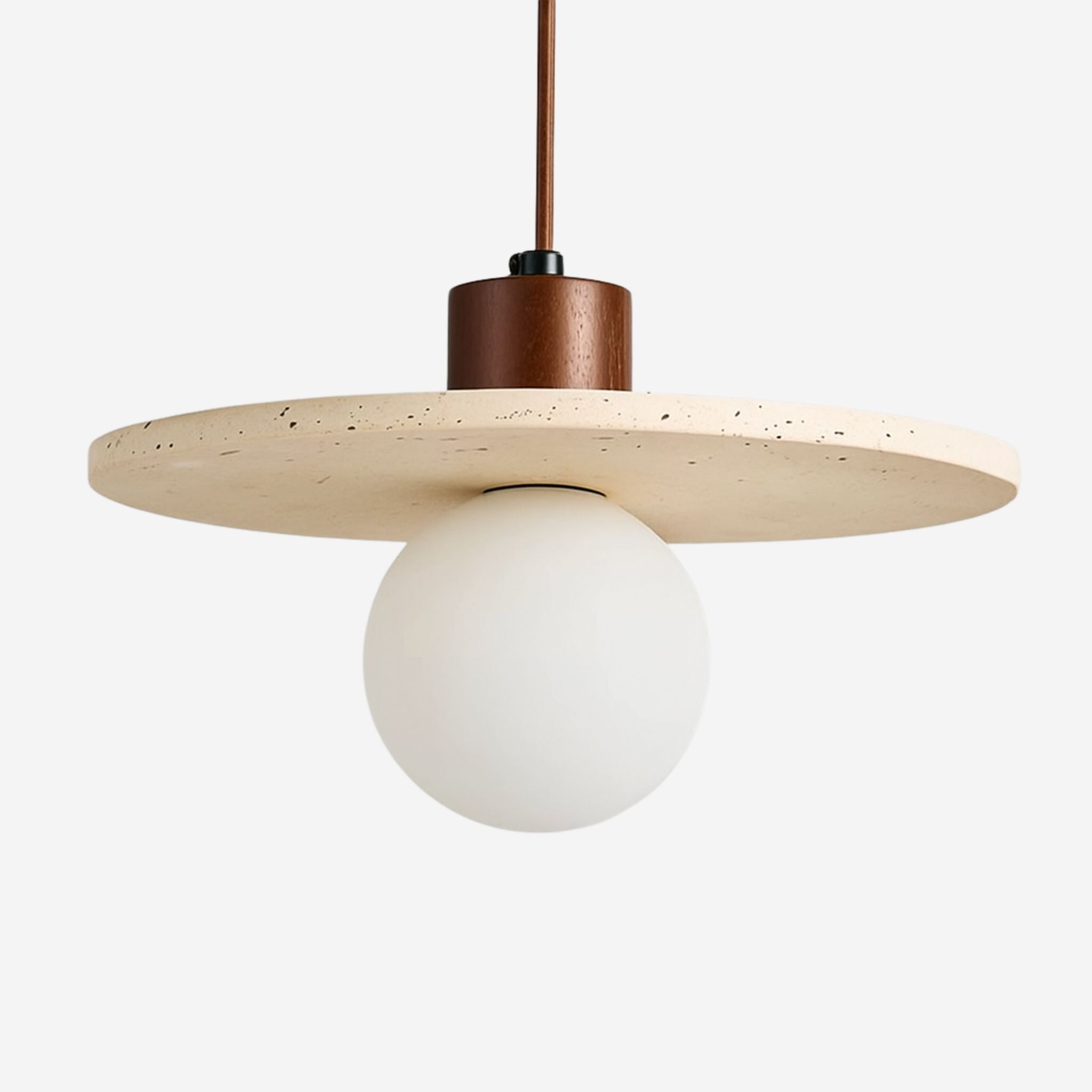 Pendant Lamp With Travertine And Wood, Spherical Glass Shade, Wabi-Sabi Design