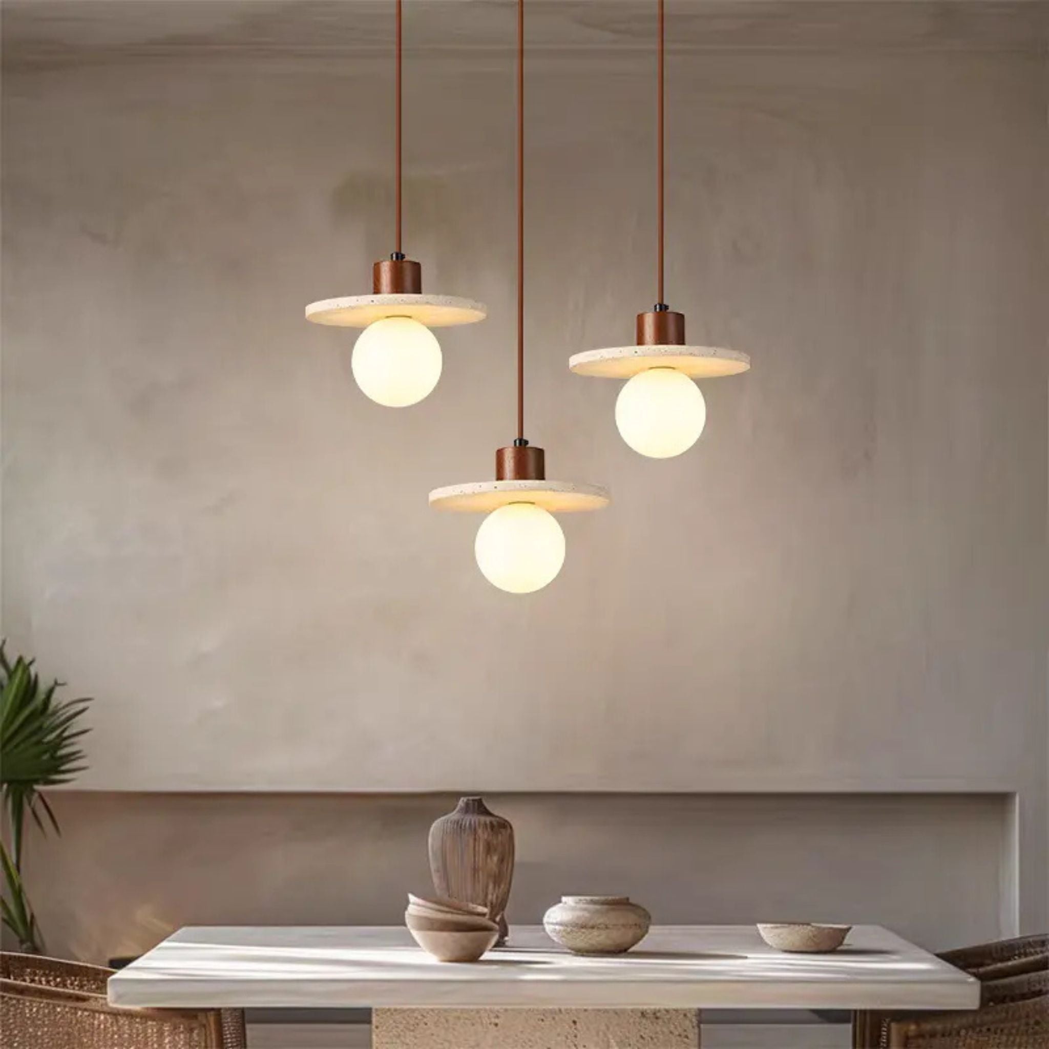 Pendant Lamp With Travertine And Wood, Spherical Glass Shade, Wabi-Sabi Design