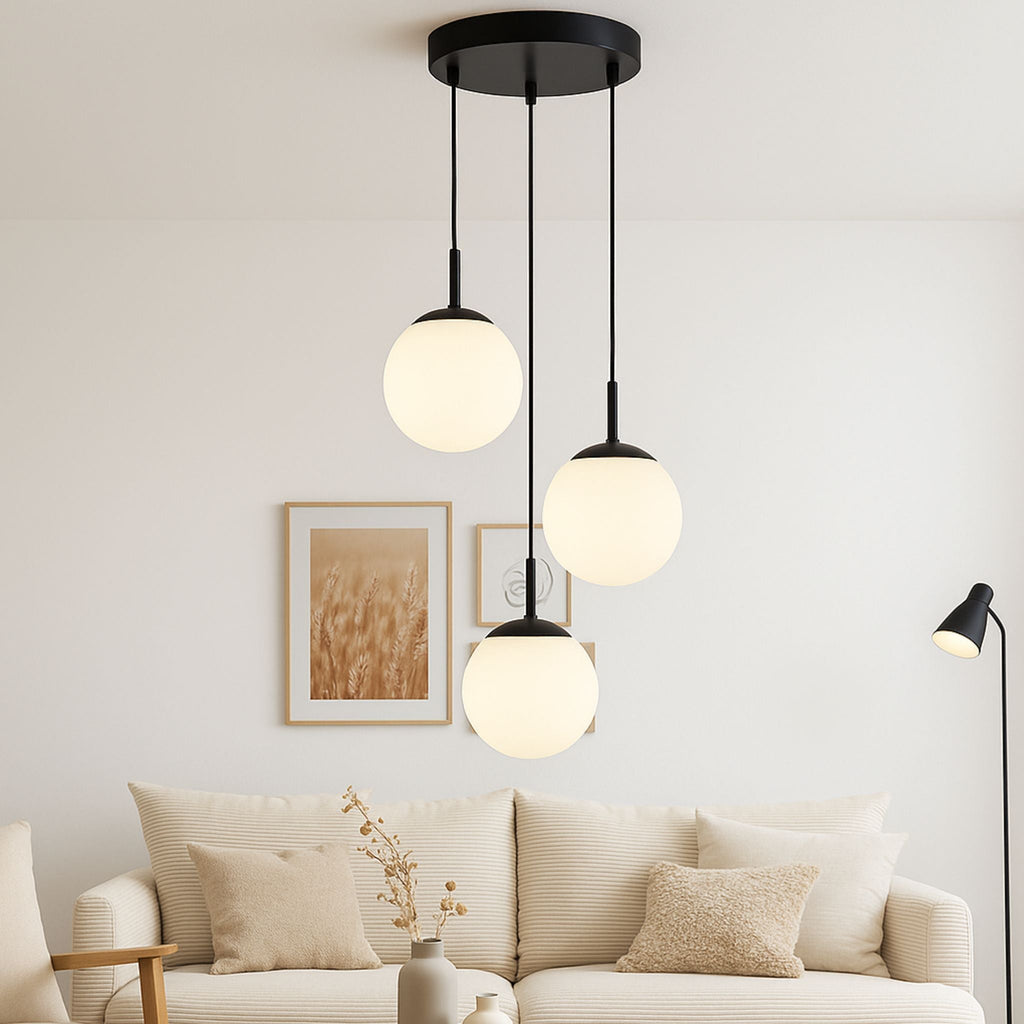 Three Arm Pendant Light With Opal Glass Shades Metal Frame And Frosted Glass