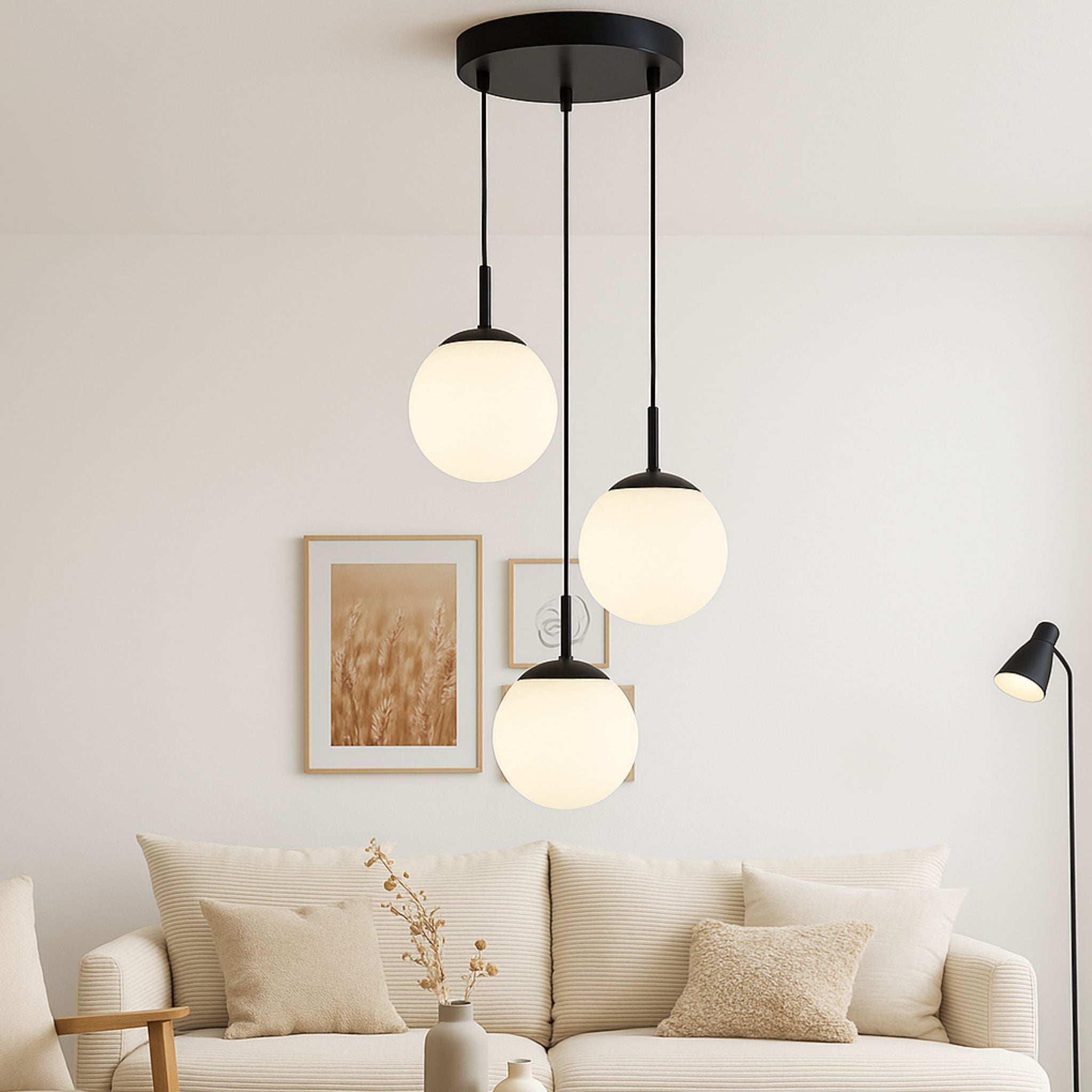 Three Arm Pendant Light With Opal Glass Shades Metal Frame And Frosted Glass