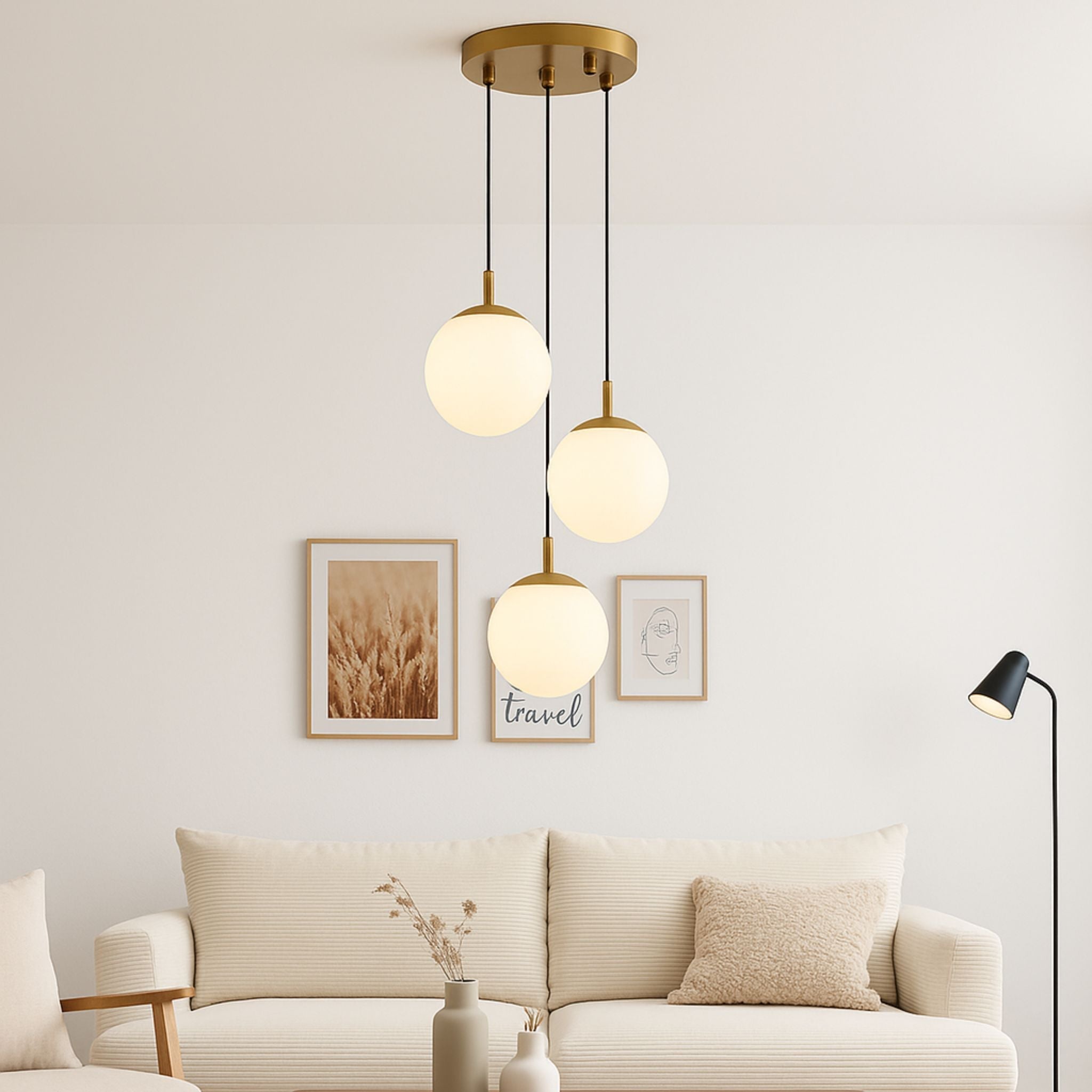 Three Arm Pendant Light With Opal Glass Shades Metal Frame And Frosted Glass