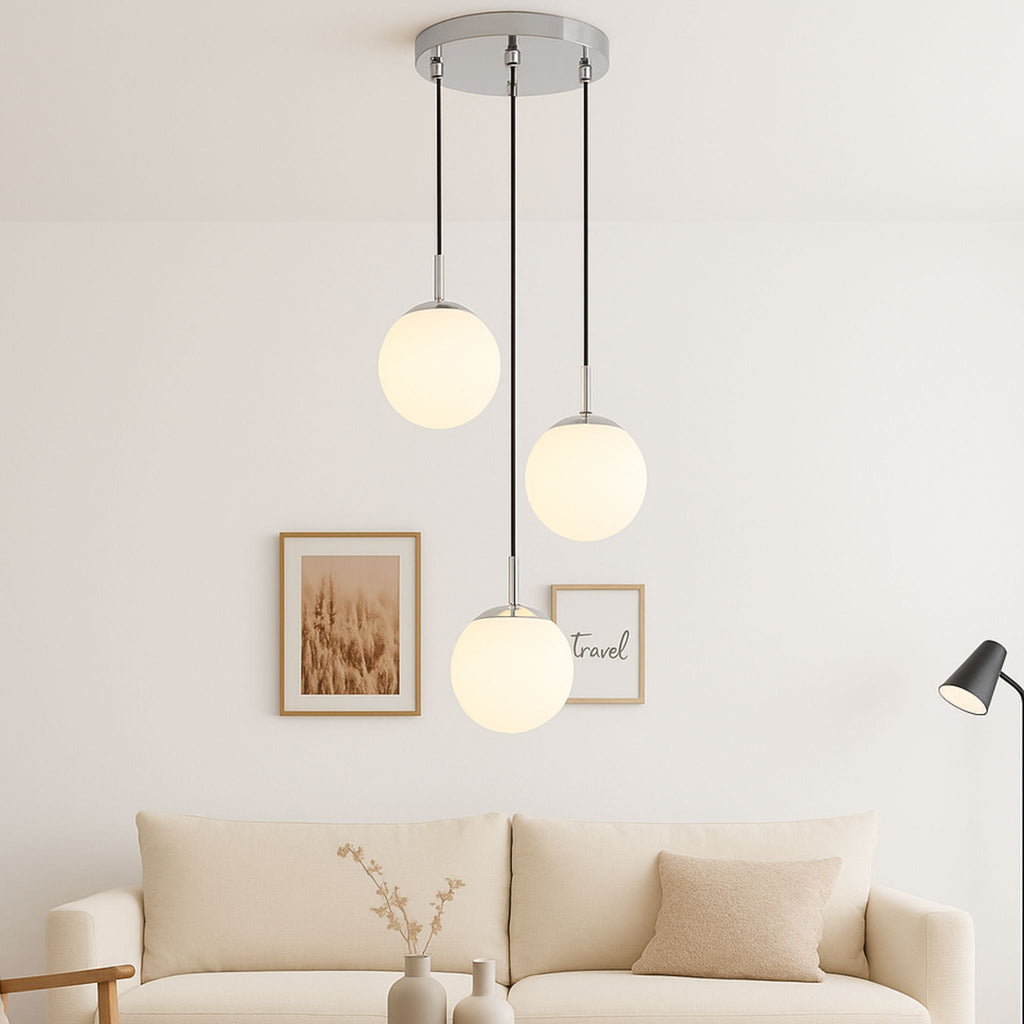 Three Arm Pendant Light With Opal Glass Shades Metal Frame And Frosted Glass