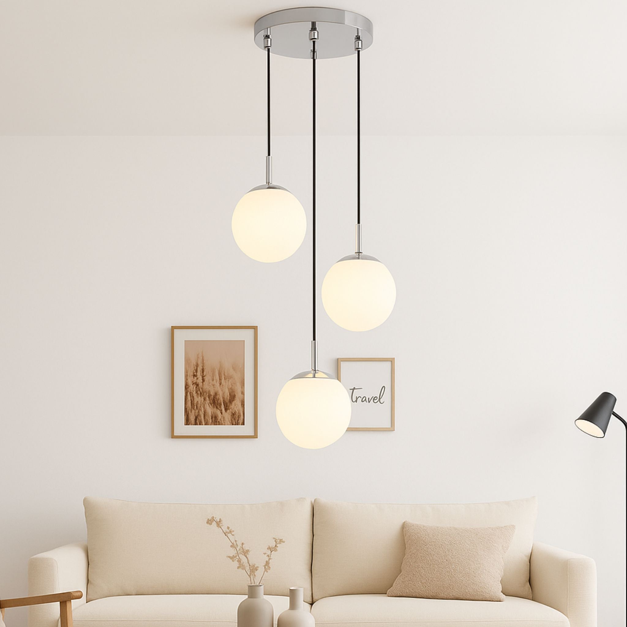 Three Arm Pendant Light With Opal Glass Shades Metal Frame And Frosted Glass