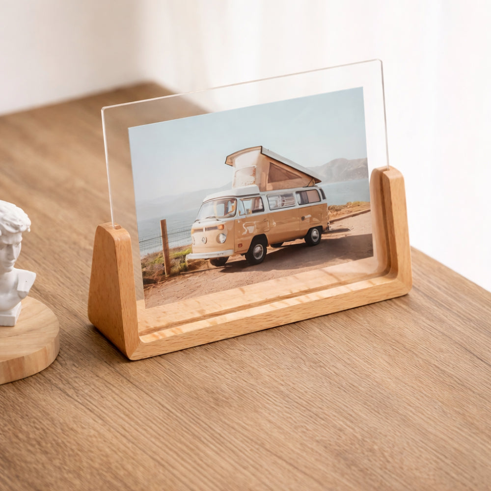 Transparent Acrylic Photo Frame — Solid Wood Base, U-Shape Support