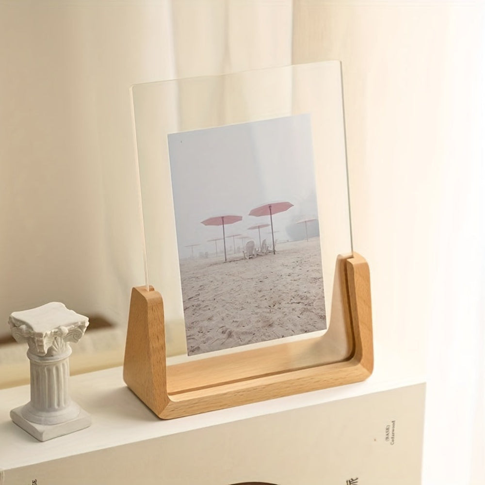 Transparent Acrylic Photo Frame — Solid Wood Base, U-Shape Support