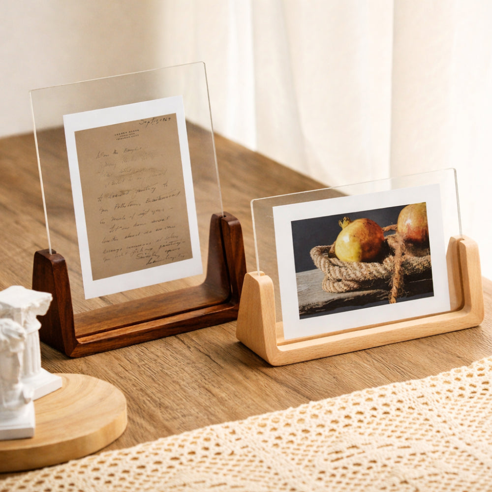 Transparent Acrylic Photo Frame — Solid Wood Base, U-Shape Support