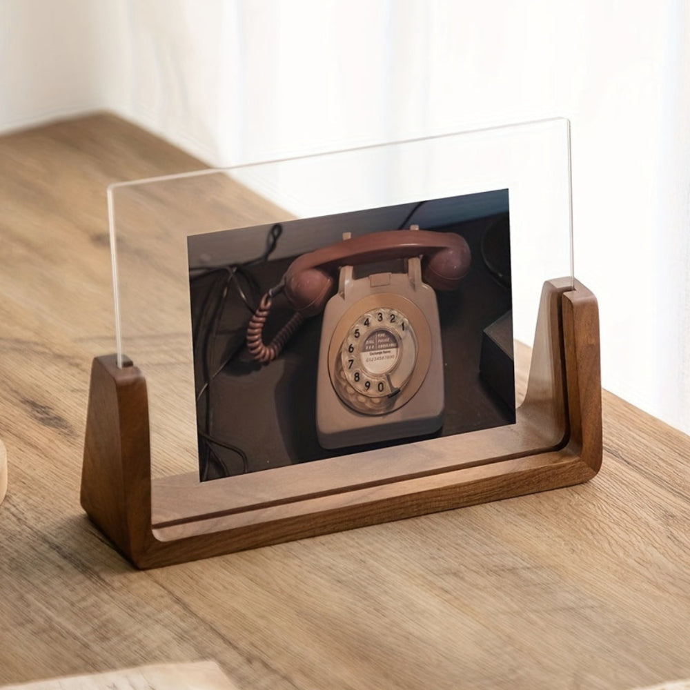 Transparent Acrylic Photo Frame — Solid Wood Base, U-Shape Support