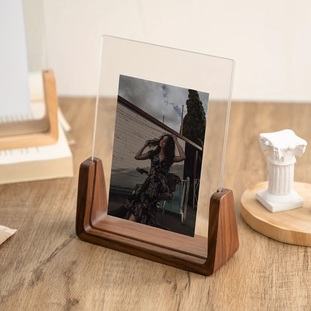 Transparent Acrylic Photo Frame — Solid Wood Base, U-Shape Support