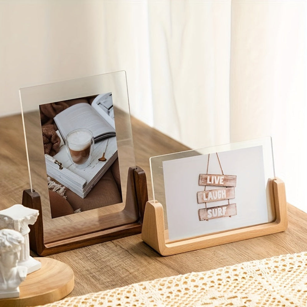 Transparent Acrylic Photo Frame — Solid Wood Base, U-Shape Support