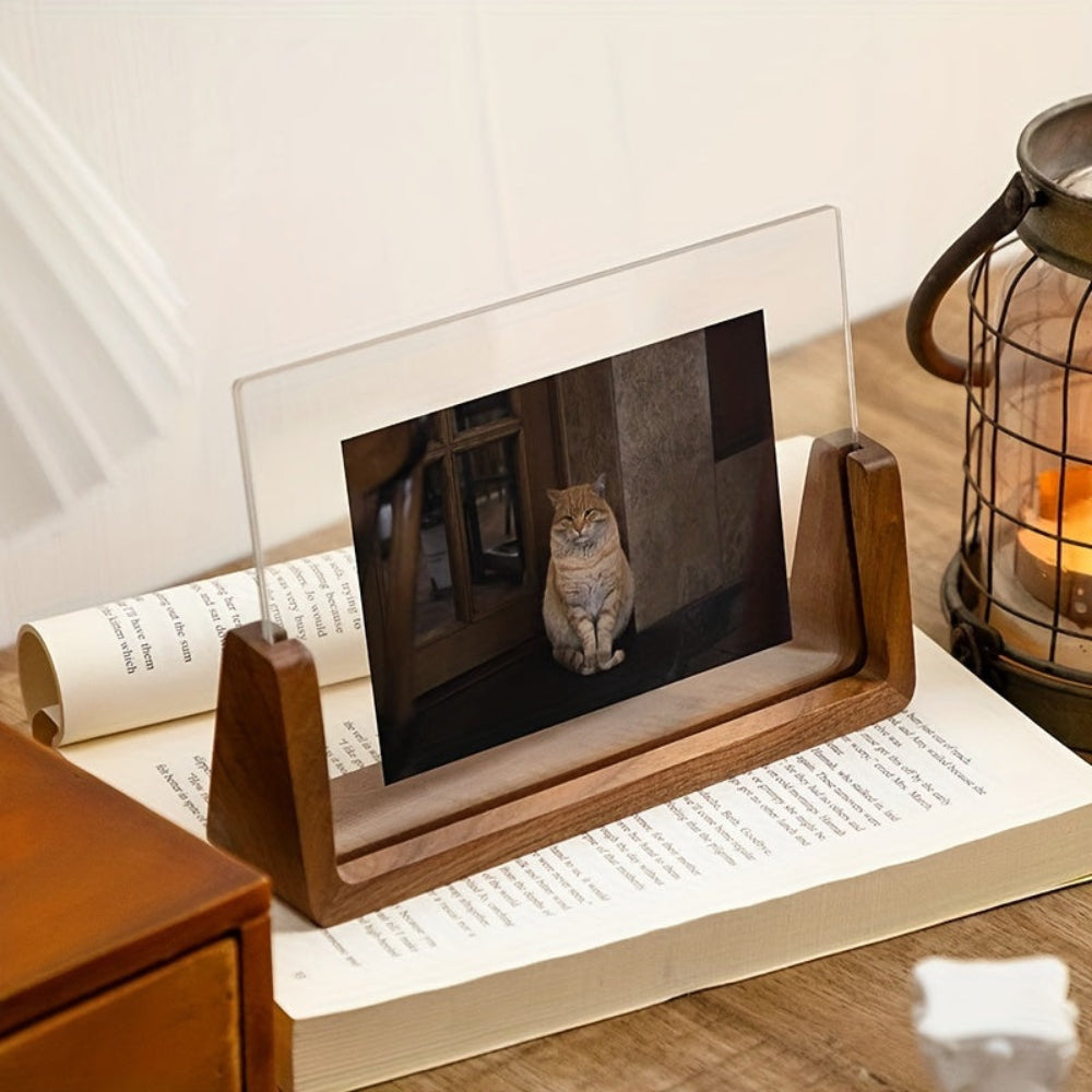 Transparent Acrylic Photo Frame — Solid Wood Base, U-Shape Support