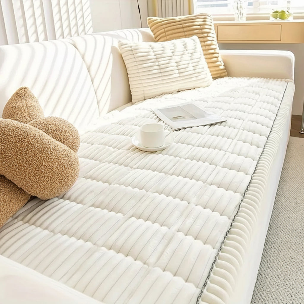 Plush Couch Cover Pleated Edges Sofa Protection Comfort | Meowbutter