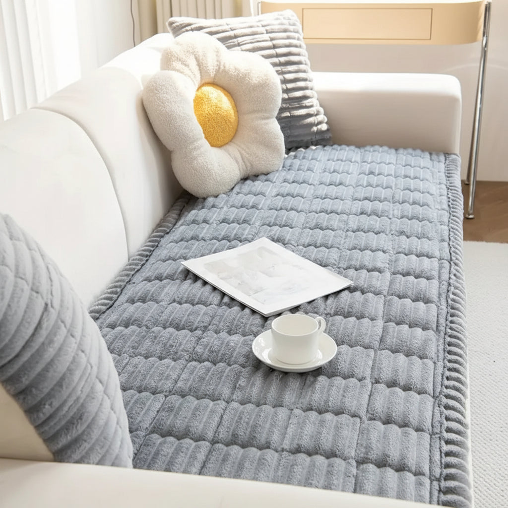 Plush Couch Cover Pleated Edges Sofa Protection Comfort | Meowbutter