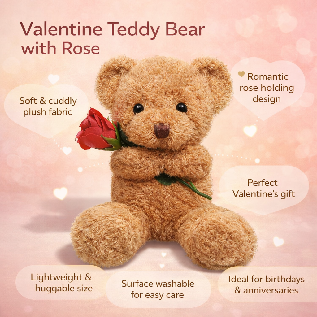 Oso de peluche de San Valentín sosteniendo una rosa — Piel sintética sedosa