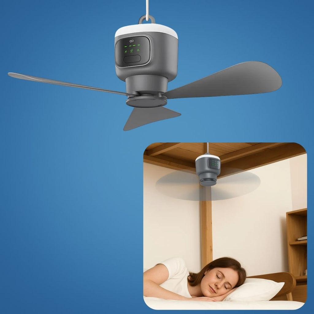 Airglide hordozható mennyezeti ventilátor — LED-világítás, vezeték nélküli távirányító, 30 órás akkumulátor-üzemidő