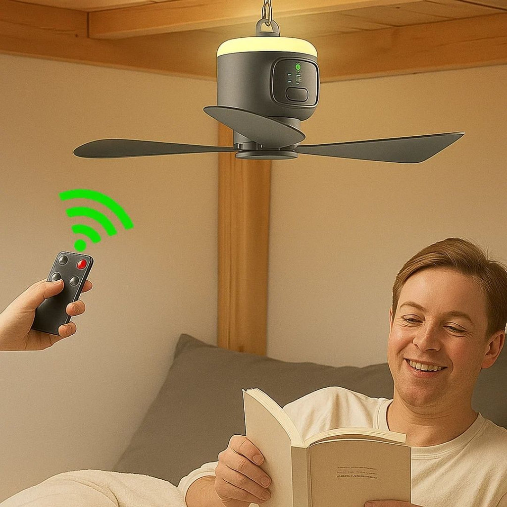 Airglide hordozható mennyezeti ventilátor — LED-világítás, vezeték nélküli távirányító, 30 órás akkumulátor-üzemidő