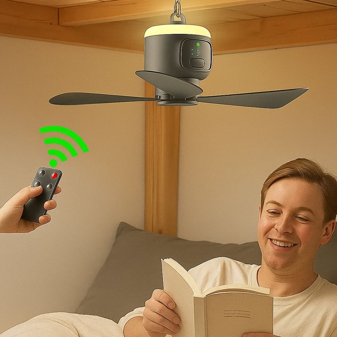 Airglide hordozható mennyezeti ventilátor — LED-világítás, vezeték nélküli távirányító, 30 órás akkumulátor-üzemidő