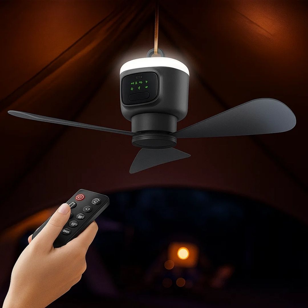 Airglide hordozható mennyezeti ventilátor — LED-világítás, vezeték nélküli távirányító, 30 órás akkumulátor-üzemidő