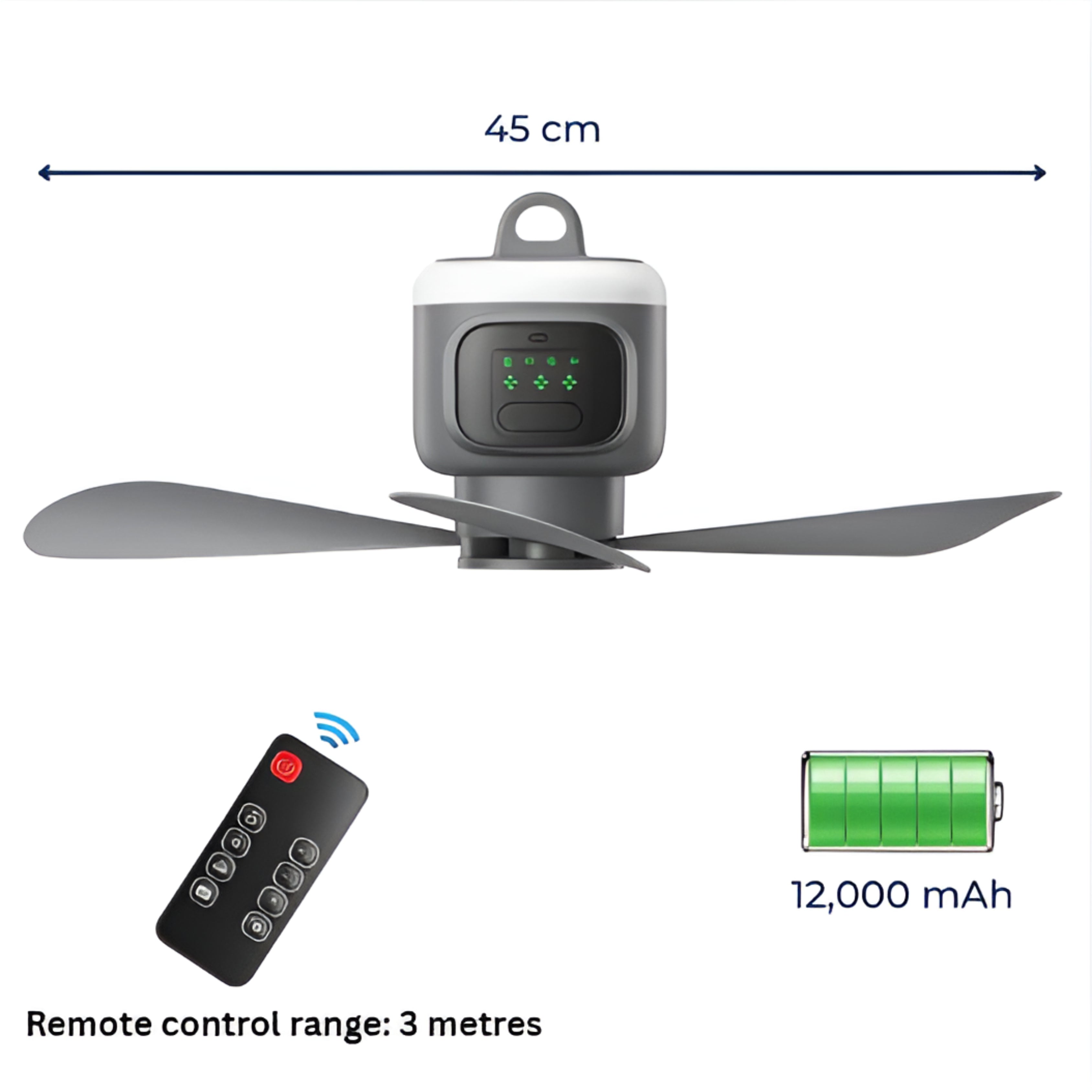 Airglide hordozható mennyezeti ventilátor — LED-világítás, vezeték nélküli távirányító, 30 órás akkumulátor-üzemidő