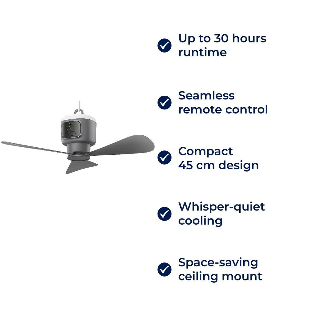 Airglide hordozható mennyezeti ventilátor — LED-világítás, vezeték nélküli távirányító, 30 órás akkumulátor-üzemidő