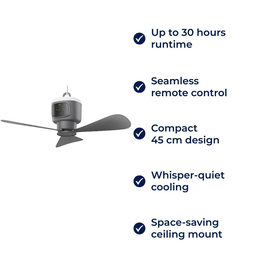 Airglide hordozható mennyezeti ventilátor — LED-világítás, vezeték nélküli távirányító, 30 órás akkumulátor-üzemidő