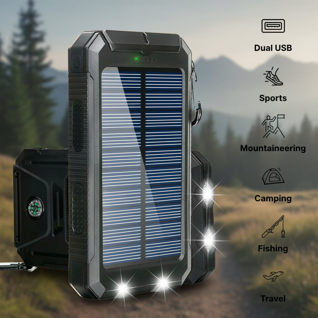 Solcelledrevet vanntett batteripakke på 20000mAh – doble USB-utganger, kompakt størrelse på 5.4 tommer