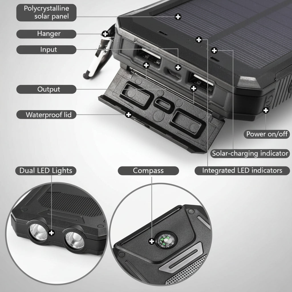 Solcelledrevet vanntett batteripakke på 20000mAh – doble USB-utganger, kompakt størrelse på 5.4 tommer
