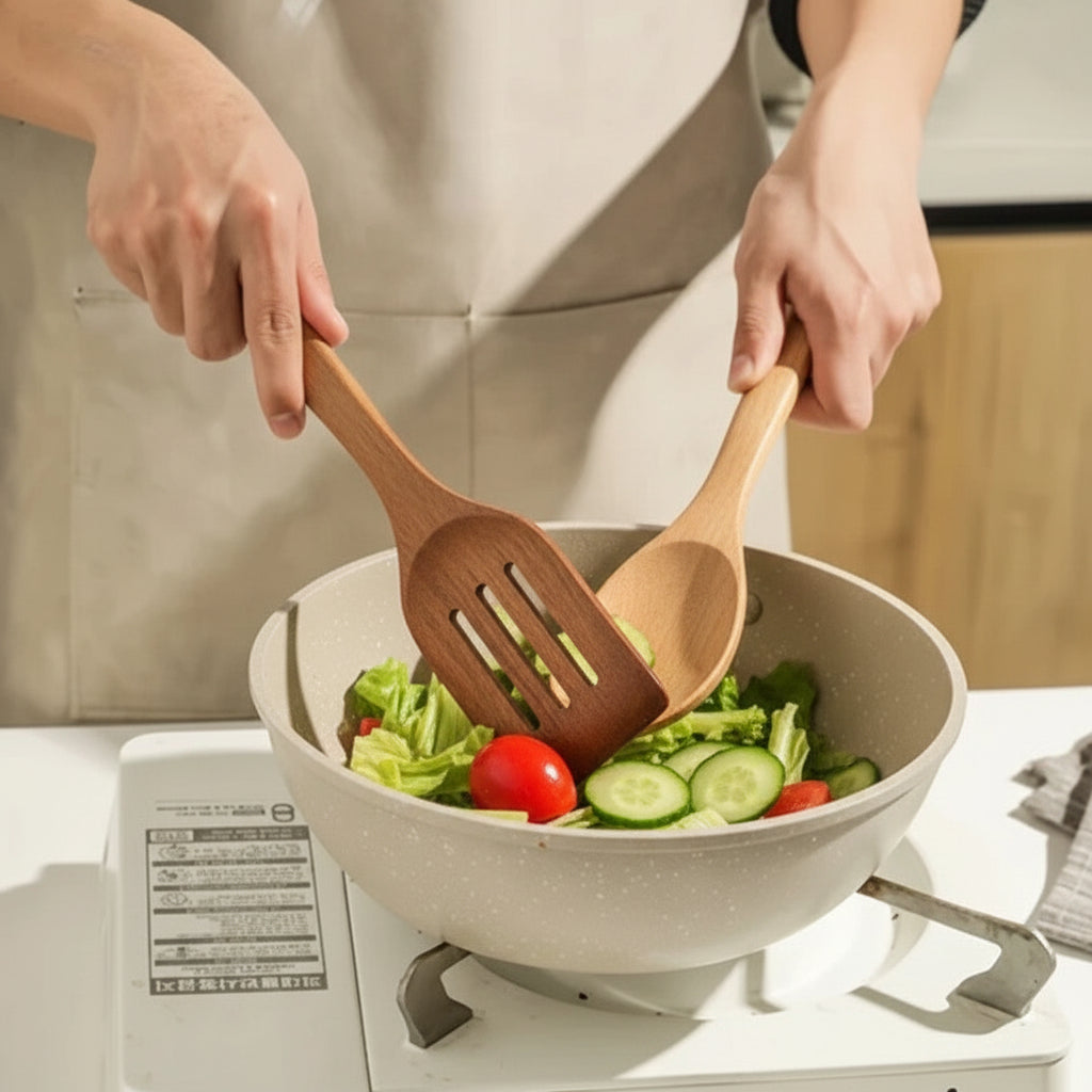 Seven-Piece Wooden Utensil Set — Non-Scratch, Heat-Resistant Ergonomic Handles