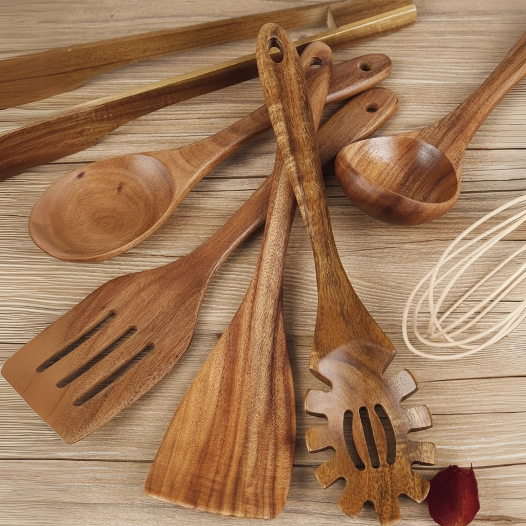 Seven-Piece Wooden Utensil Set — Non-Scratch, Heat-Resistant Ergonomic Handles