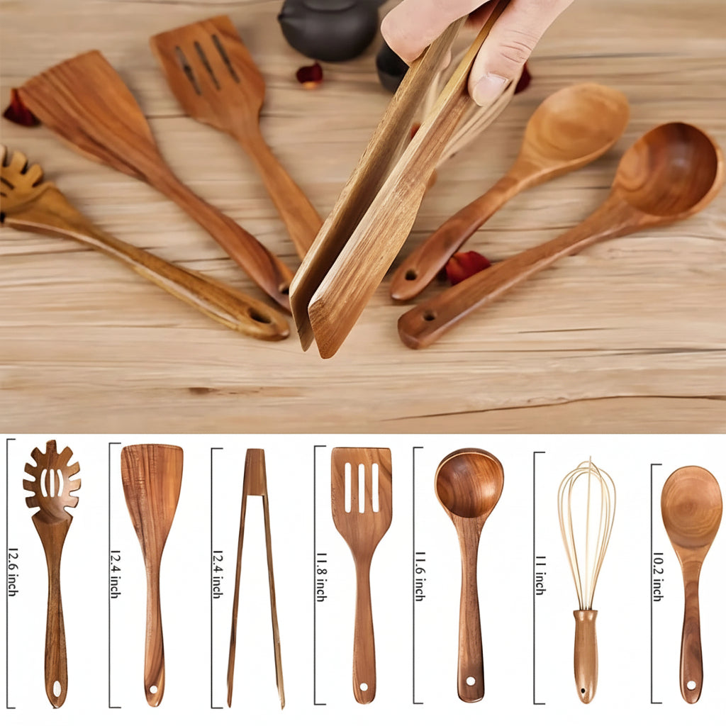 Seven-Piece Wooden Utensil Set — Non-Scratch, Heat-Resistant Ergonomic Handles