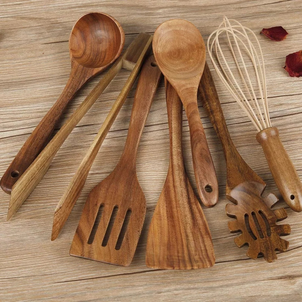 Seven-Piece Wooden Utensil Set — Non-Scratch, Heat-Resistant Ergonomic Handles