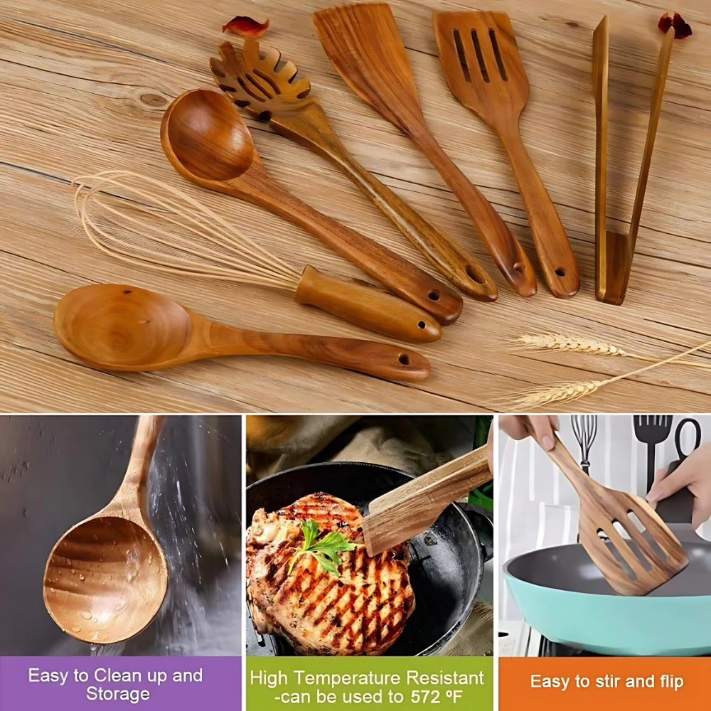 Seven-Piece Wooden Utensil Set — Non-Scratch, Heat-Resistant Ergonomic Handles