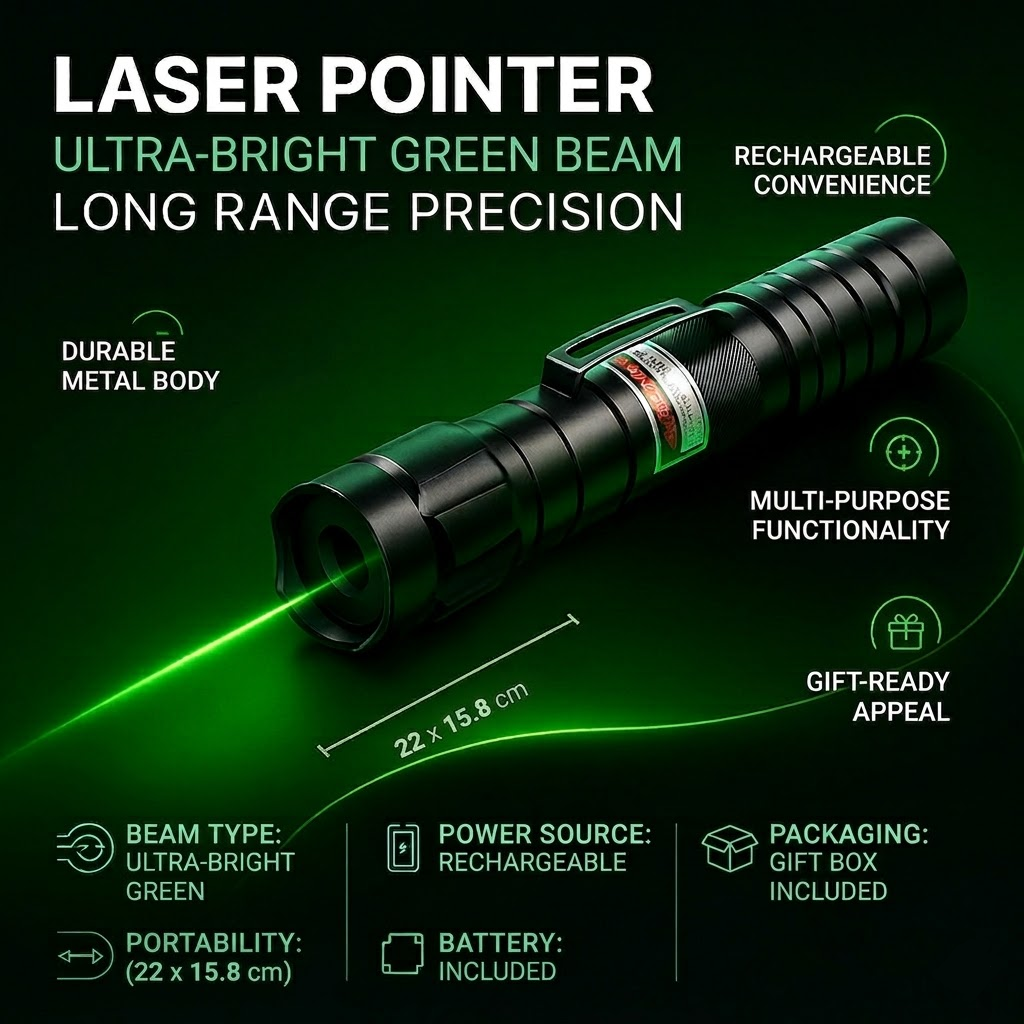 Green Laser Pointer — Rechargeable Battery, 2000m Range, 532nm Beam, Black Anodized Chassis