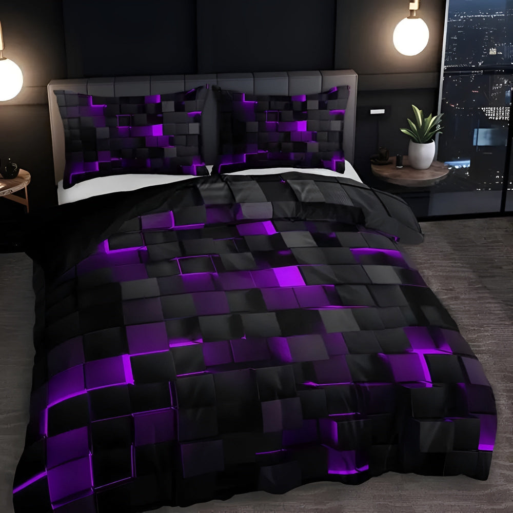 Neon 3D Grid Quilt Cover Set — Microfiber Cotton Blend