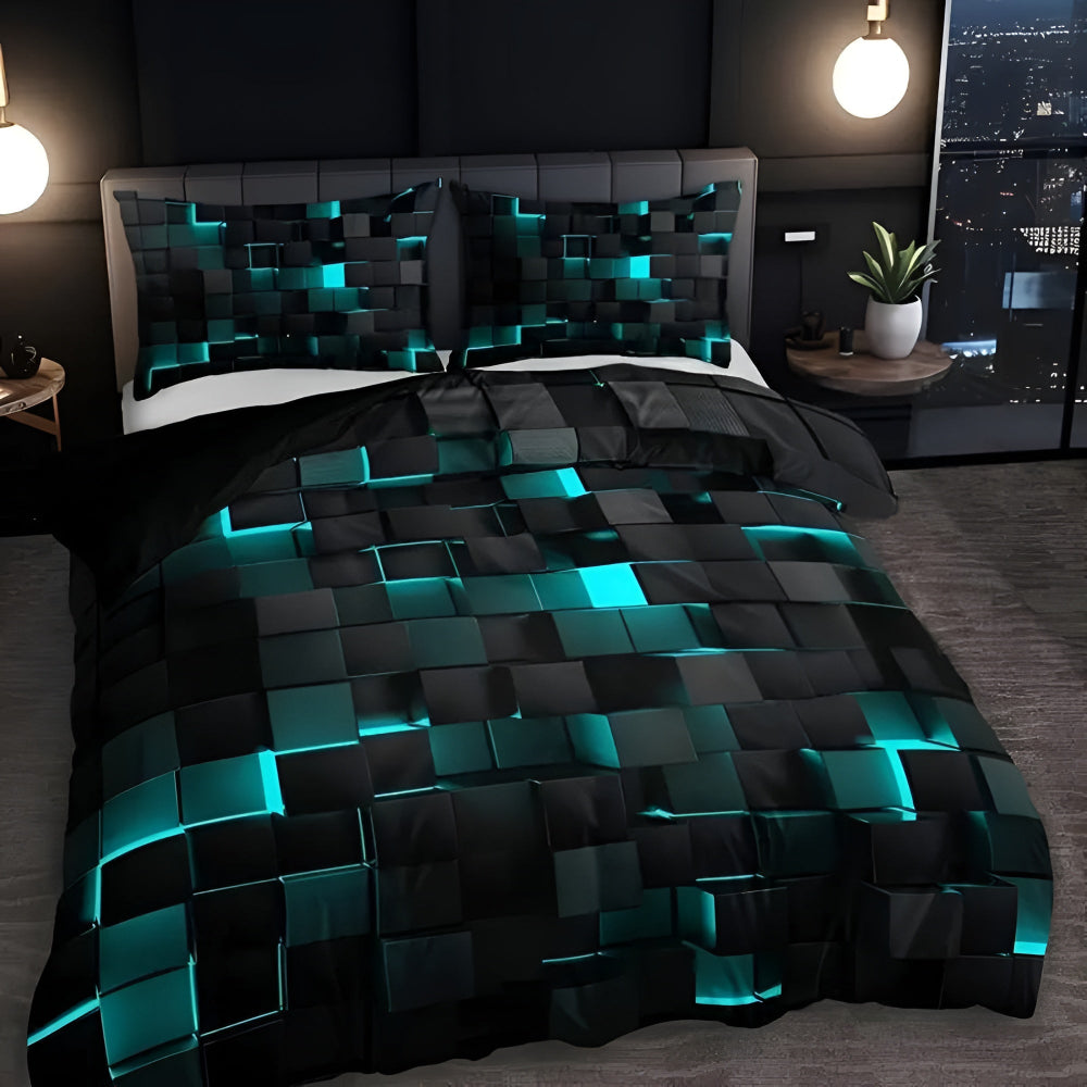 Neon 3D Grid Quilt Cover Set — Microfiber Cotton Blend