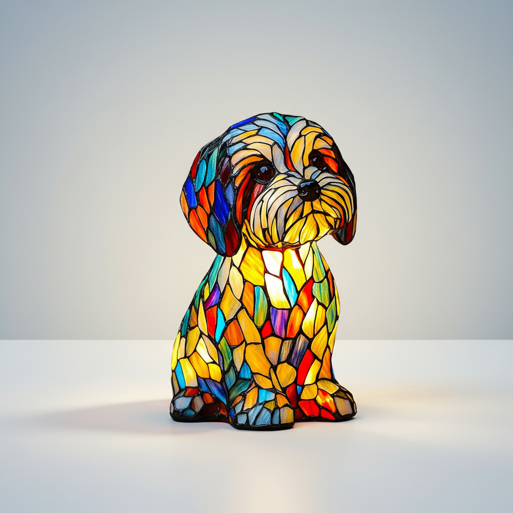 Table Lamp Stained Glass Dog LED Night Light Resin Decor | Meowbutter