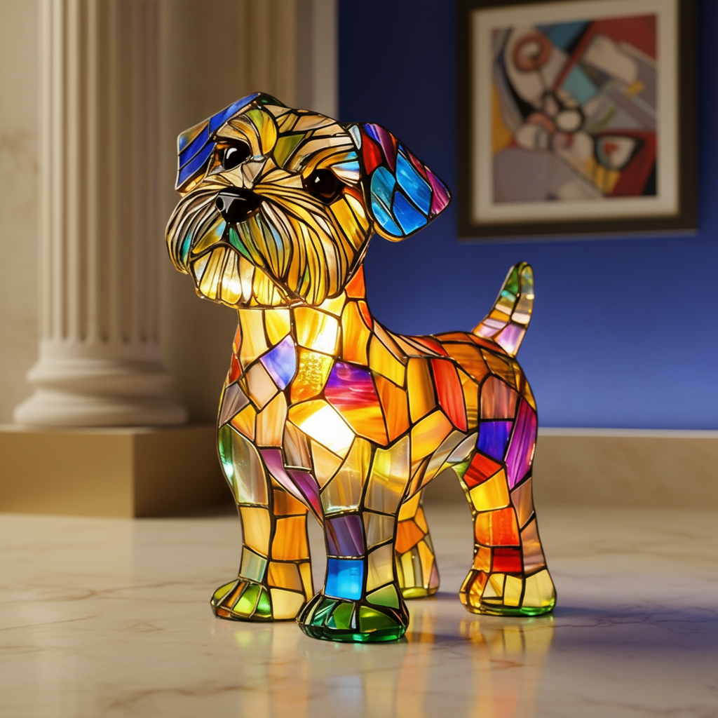 Table Lamp Stained Glass Dog LED Night Light Resin Decor | Meowbutter